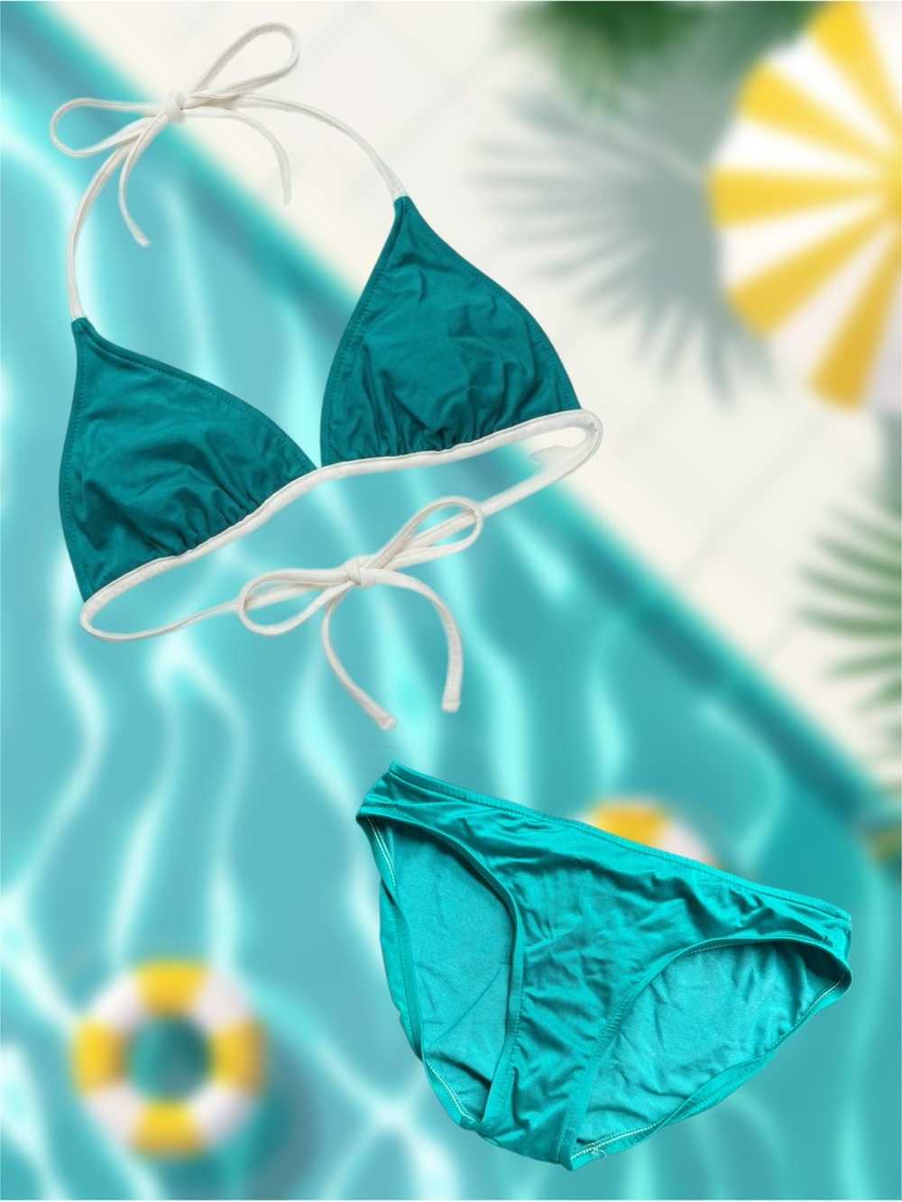 VINTAGE sassafras Teal Triangle Bikini with White Ties
